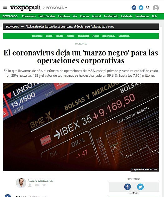 El coronavirus deja un 'marzo negro' para las operaciones corporativas